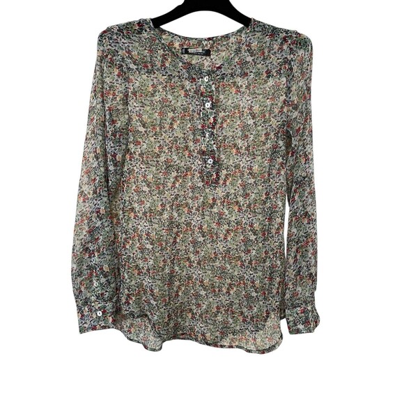 MNG Mango Basics Womens Sheer Popover Blouse Floral Long Roll Tab Sleeves SZ 2 - Picture 1 of 16